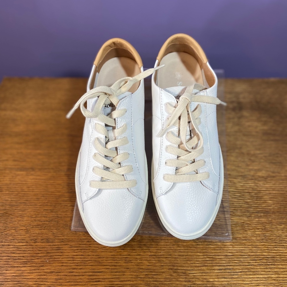 Soludos White Leather Sneakers with Tan Heel Accent - Picture 5 of 14